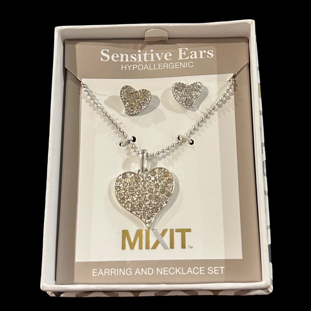 Mix It Necklace Earrings Set Silver Tone Rhinestone Inlay Heart